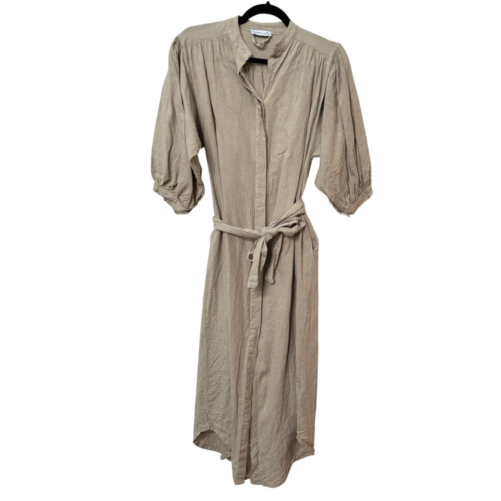 Blue Navy Linen Blend Midi Shirtdress Beige Puff Sleeve Made in Italy Small